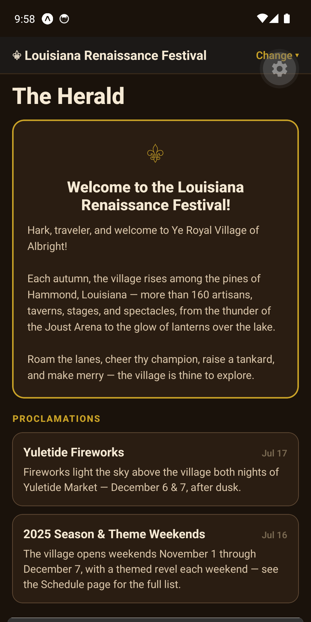 The Herald tab showing the Louisiana Renaissance Festival welcome and proclamations
