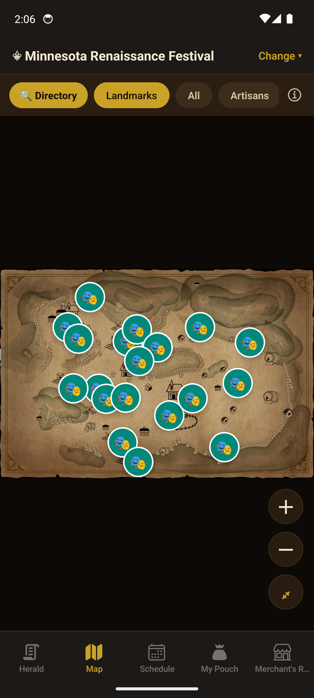 The Realm map tab showing the Minnesota Renaissance Festival village map with stage pins